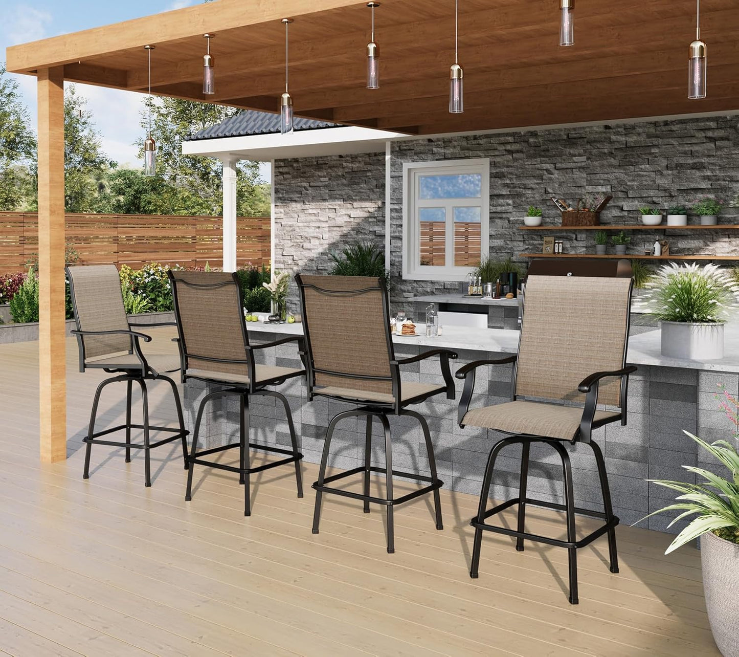 PHI VILLA Outdoor Bar Stools Set of 4, Swivel Patio Bar Stools & Chairs with 30" Seat Height & Brown Textilene Backrest, Tall Outdoor Chairs Bar Funiture for Outside, Porch and Yard