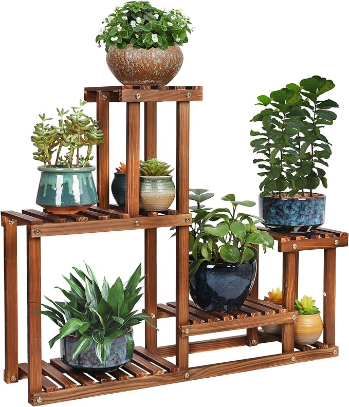 Pine Wood Plant Stand Indoor Outdoor Multi Layer Flower Shelf Rack Higher and Lower Plant Holder in Garden Balcony Patio Living Room (4 Tiers )