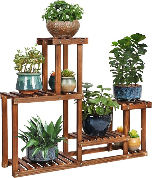 Pine Wood Plant Stand Indoor Outdoor Multi Layer Flower Shelf Rack Higher and Lower Plant Holder in Garden Balcony Patio Living Room (4 Tiers )