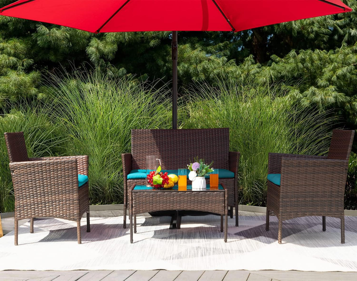 Greesum Patio Furniture 4 Pieces Conversation Sets Outdoor Wicker Rattan Chairs Garden Backyard Balcony Porch Poolside loveseat with Soft Cushion and Glass Table, Brown and Blue