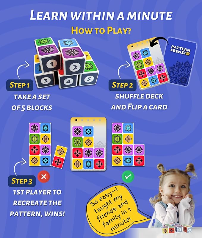 Pattern Matching Board Game for Kids & Adults, Family Night Board Games, Block Puzzle Games for Kids, Ages 3+ to 99 yrs, Play 1 to 5 Players, for Birthdays, Premium Quality Solid Wood