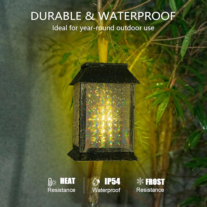 2 Pack Solar Lanterns Outdoor Waterproof, 3D Hanging Solar Lights, Type-C Rechargeable LED Pathway Lights with 2 Modes (Steady & Flashing), for Garden Decor, Patio, Yard, Camping