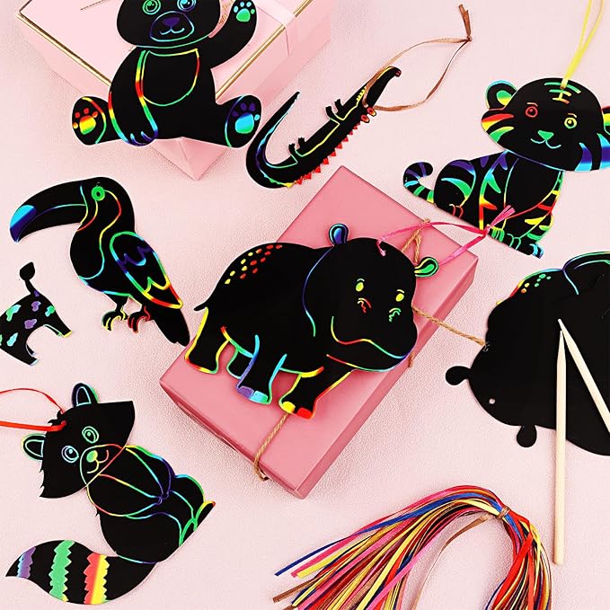 64 Pcs Wild Animal Scratch Cards DIY Rainbow Color Scratch Art Card Jungle Safari Animal Painting Scratch Off Paper for Kids Art Craft Kit with 64 Wood Stylus Ribbon for Home School Decor Party Favors