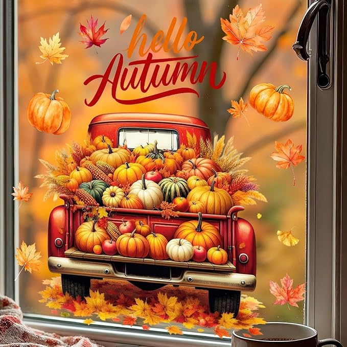 1 Sheet Autumn Window Clings Stickers Fall Maple Leaves and Truck Designs Double-Side Static Fall Window Glass Decals DIY Pumpkin Window Stickers for Home, Office, Classroom Decor Supplies