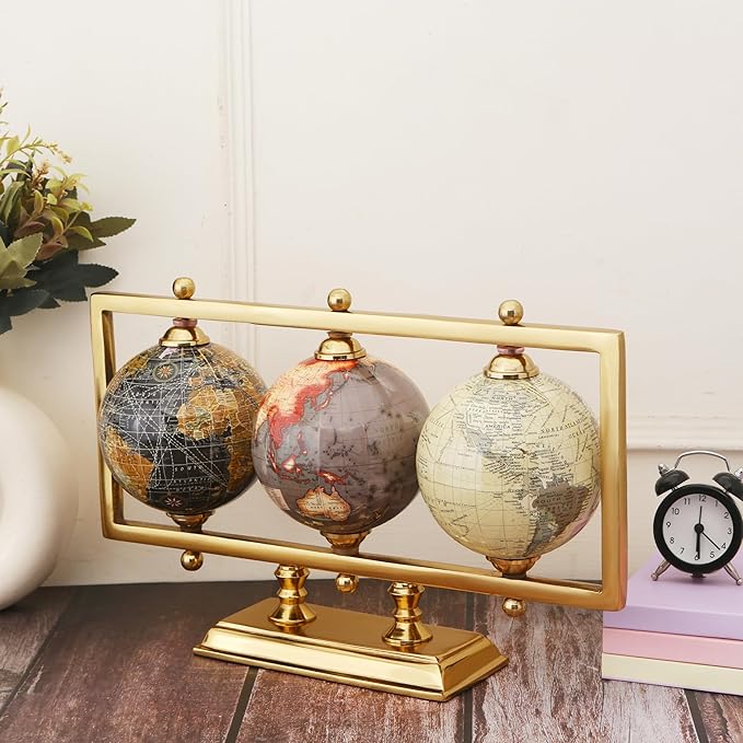 Rely+ Set of 3 4'' World Globes Sturdy Metal Gold Stand (NOT PLASTIC!) - Rotating Desktop Globe For Geographic Home Decorative Desk Table Office Gift - Book Shelf Decor World Globe - Landscape