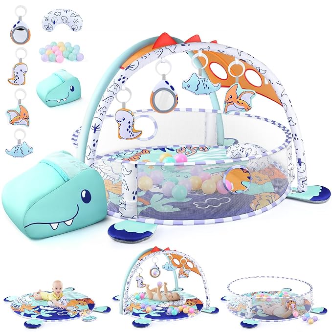 5-in-1 Baby Play Mat - Dinosaur Themed Activity Gym for Babies 0-6 Months with Ball Pit, Detachable Sensory Toys, Pillow, Machine Washable