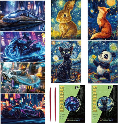 Georgie Porgy Scratch Paper Art Set for Kids Adults Magic Rainbow Scratchboards for DIY Arts and Crafts Kits Christmas Birthday Gift with Scratching Tools Kit (A5-Noctilucent Animals + Racing Cars)
