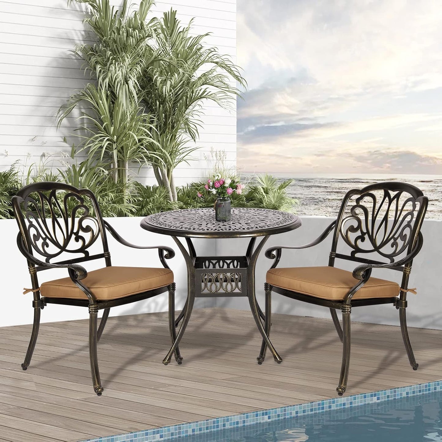 3-Piece Outdoor Patio Dining Set, All-Weather Cast Aluminum Patio Furniture Set for Backyard Garden Deck with 2 Cushioned Chairs and 35.4” Round Table, 2" Umbrella Hole