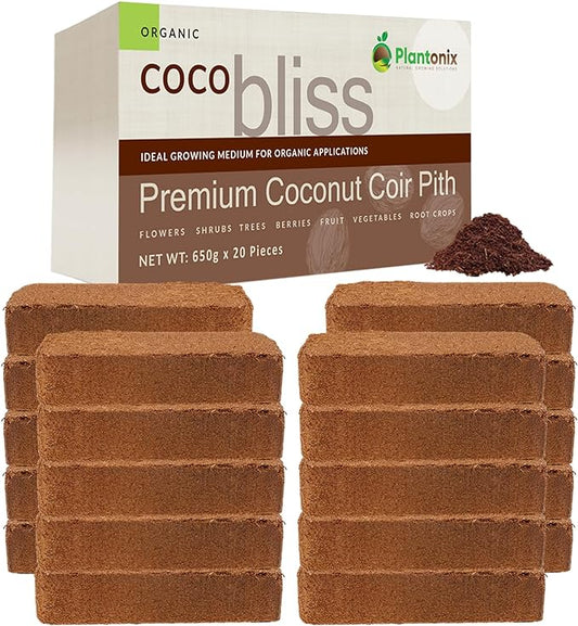 Coco Bliss Coco Coir Bricks (20-Pack, 650gm Bricks) - Organic Coco Coir for Plants - OMRI-Listed Coconut Coir for Plants - Coconut Coir Bricks - Coco Peat for Plants, Garden Soil, & Organic Mulch