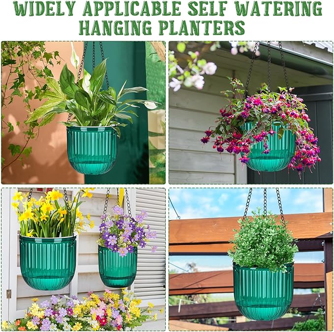 Maxcheck 4 Pcs Self Watering Hanging Planters Indoor 6.5'' 4.5'' Hanging Flower Pots Baskets Outdoor Self Watering Hanging Plant with 3hooks Drainage Holes for Home(Emerald)