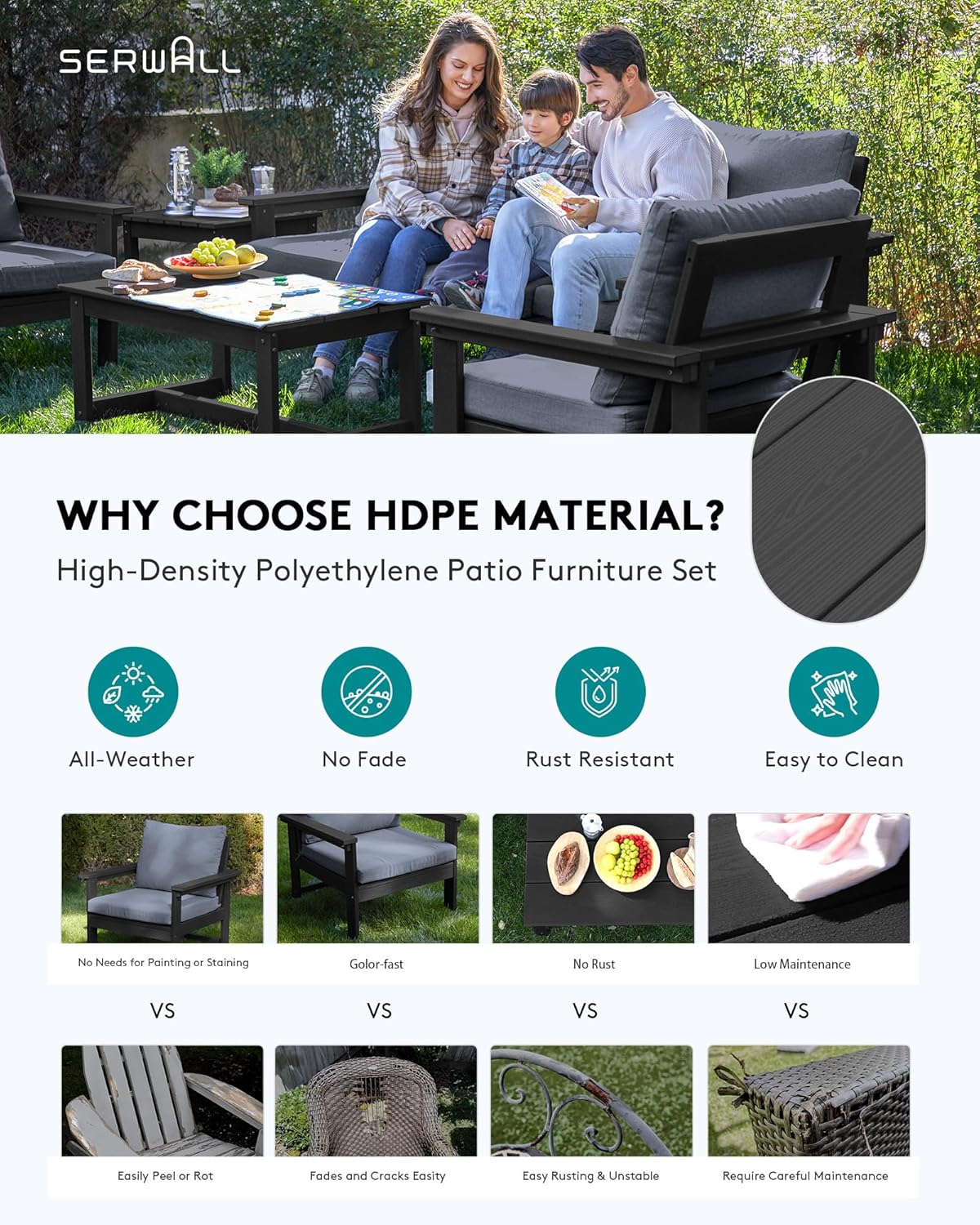 SERWALL HDPE Patio Furniture Set, 7-Piece Outdoor Sectional Sofa Set, All Weather Outdoor Couch Set for Deck, Lawn, Black Frame with Grey Cushion