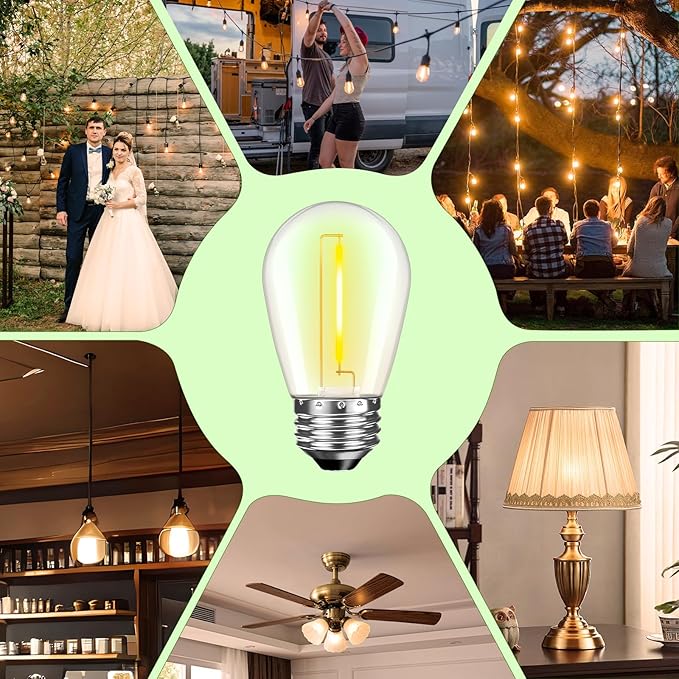 LED S14 Replacement Light Bulbs for Outdoor String Lights, 1W Shatterproof Edison Light Bulbs for Outside Patio Garden, E26 Standard Base, Dimmable, 2200K Warm White, 15 Pack