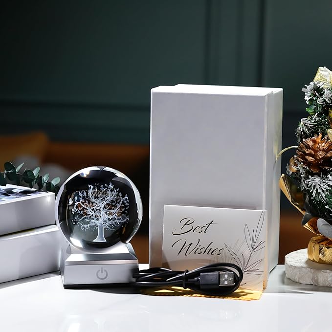 Qianwei 3D The Tree of Life Crystal Ball with LED Colorful Lighting Touch Base,Flower of Life Meditation Chakra Grid Night Light, Sacred Geometry Art Symbol for Spiritual Decor