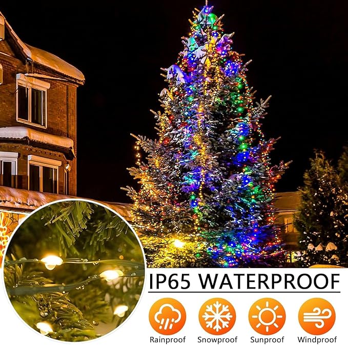 Solar Christmas Lights, 640 LED Solar String Lights 203ft 19 Modes Outdoor String Light for Xmas Trees, Festival, Balcony, Garden Decoration,Warm White