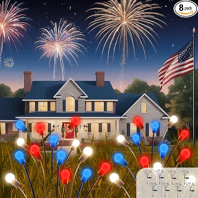 Red White and Blue Solar American Flag Firefly Lights, 8 PK Firefly Light 4th of July Patriotic Solar Outdoor Lights Waterproof, Independence Day Patriotic Decor for Garden Yard Decorations