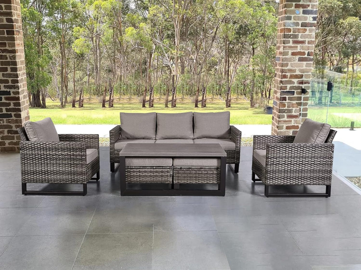 HUMMUH 6 Piece Patio Furniture All Weather Wicker Outdoor Sectional Sofa,High Back Patio Chairs,Coffee Table and Ottomans Set for Porch,Garden,Backyard