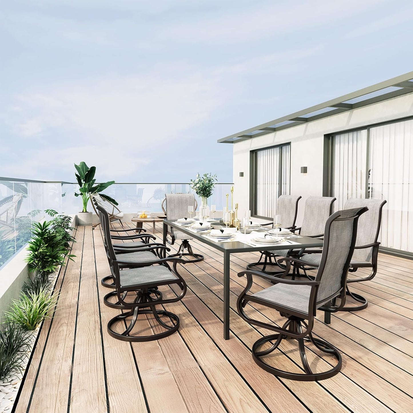 Amopatio Patio Swivel Chairs Set of 8, Outdoor Swivel Rocker Dining Chairs with All Weather Textilene High Back & Metal Frame, for Backyard Deck Lawn, Light Gray
