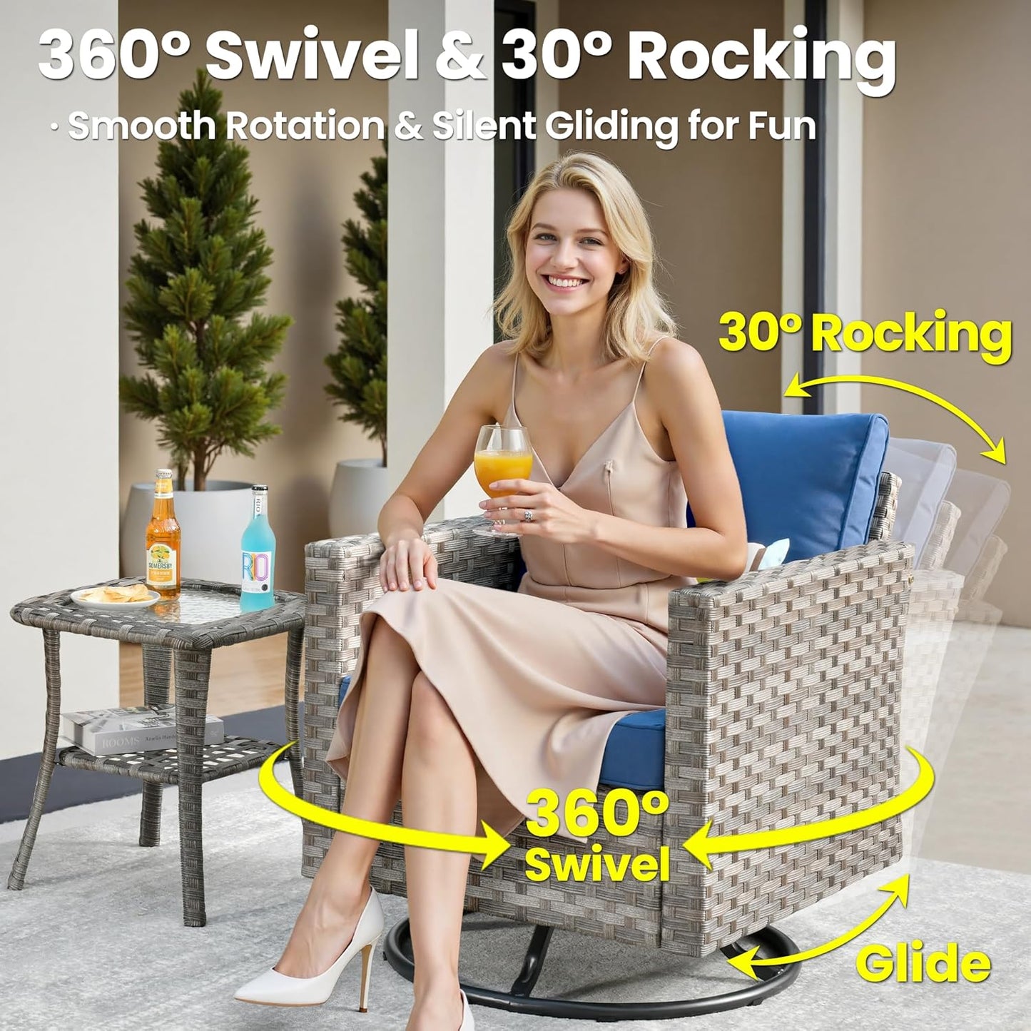 ovios 9 Pieces Patio Furniture Set, Outdoor Wicker Sectional Sofa with 30" Fire Pit Table Swivel Chair, Modern Modular Deep Seat Rattan Couch Conversation Sets, Navy Blue