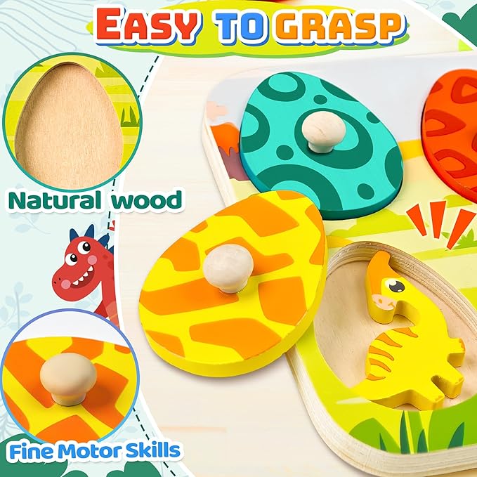 Christmas Stocking Stuffers Dinosaur Wooden Puzzles for Toddlers 1-3 Year Old, Matching Eggs Peg Puzzle Birthday Gifts for Babies Fine Motor Skills Montessori Toys for Toddler Age 2-4 Boys Girls