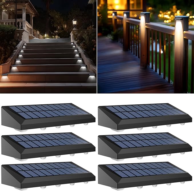 Solar Fence Lights Outdoor Waterproof IP65, 6 Pack Fence Lights Solar Powered 60 Lumens Auto On/Off Step Wall Lights Outside Decorations for Yard, Porch, Patio, Stairs, Pool, Deck, Garden-White Light