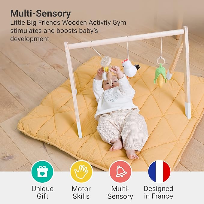 Little Big Friends Wooden Baby Activity Gym – Montessori Play Gym for Babies | Encourages Motor Skills & Sensory Development | Includes Crinkle Fabrics, Wooden Chimes & Hanging Toys – Farm