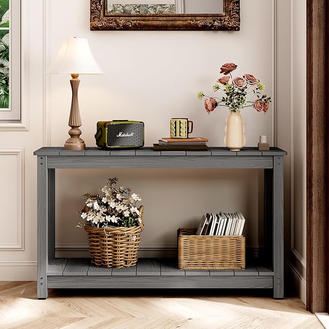 Outdoor Console Table, 48" Weather Resistant HIPS Patio Side Table, 440LBS Weight Capacity, 2-Tier Multifunctional Buffet Bar Storage Organizer for Garden Deck, Gray