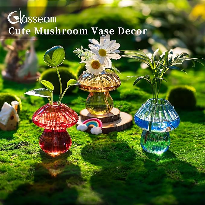 Glasseam Mushroom Plant Propagation Station: Glass Plant Terrarium Jar with Wood Stand Unique Hydroponic Planters for Indoor Plants Cute Propagation Vase for Plant Lovers Home Office Decor 3Pcs