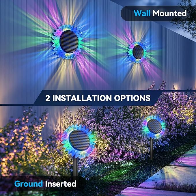 Solar Garden Lights - Upgraded Solar Sunflower Light, Ground/Wall 2 In 1, Outdoor Lights Waterproof IP67,Garden Yard Patio Backyard Pathway Landscape Fence Wall Decoration, Multicolor(2 Pack)