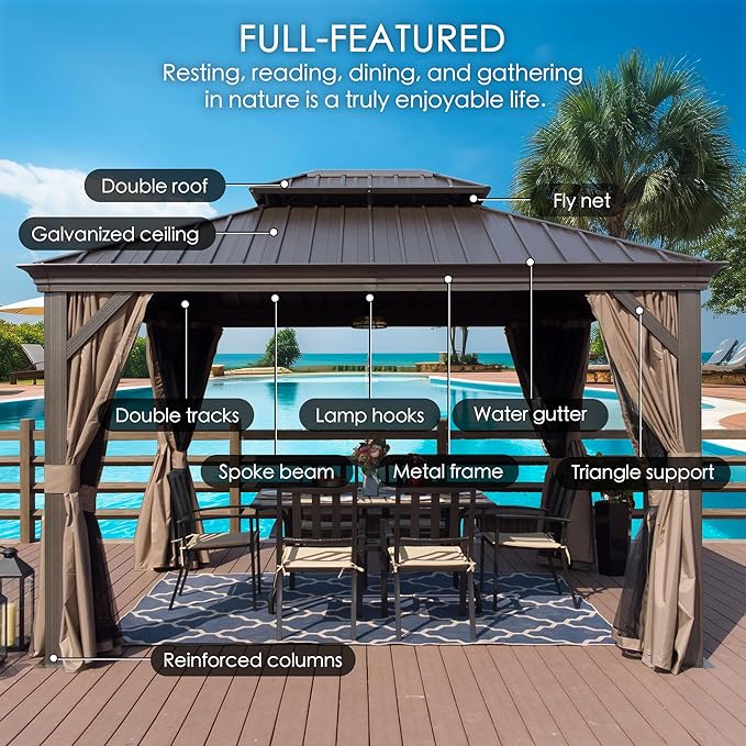 Kozyard Alexander 12' X 18' Hardtop Permanent Aluminum Metal Gazebo with Galvanized Steel Double Roof Canopy, Curtain and Netting, Gazebo Pavilion for Patio, Backyard, Deck, Lawn (Brown)