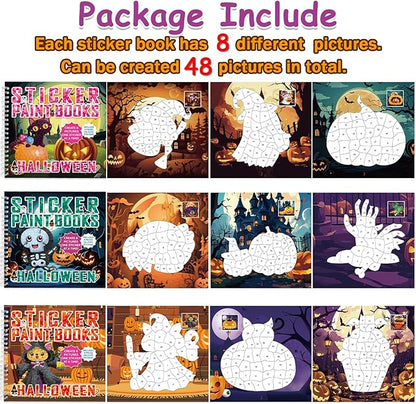 6 PCS Halloween Paint by Sticker Books for Kids Ages 4-8 Sticker by Number Books Activity Book for Kid Ages 3-5 Sticker Puzzle Book Craft Art Toddler Girl Gift with Pumpkin Ghost Monster 48 Pictures