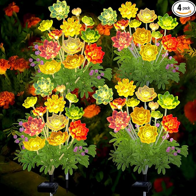 Kohlrabi Solar Garden Lights Outdoor, Upgraded 4 Pack Succulent Solar Lights, Gardening Gifts for Women, Succulent Plant Yard Decor Waterproof for Lawn Patio Pathway