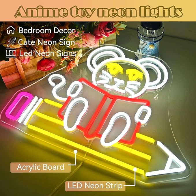 Pencil Mouse Neon Sign Mouse Book Reading Neon Lights for Wall Decor Dimmable Colorful Light Up Sign for Classroom Bookstore Library Bedroom Bookish Museum Teen Gifts (USB Powered 5V/2A)