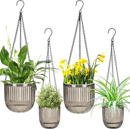 Maxcheck 4 Pcs Self Watering Hanging Planters Indoor 6.5'' 4.5'' Hanging Flower Pots Baskets Outdoor Self Watering Hanging Plant with 3hooks Drainage Holes for Home(Gray)