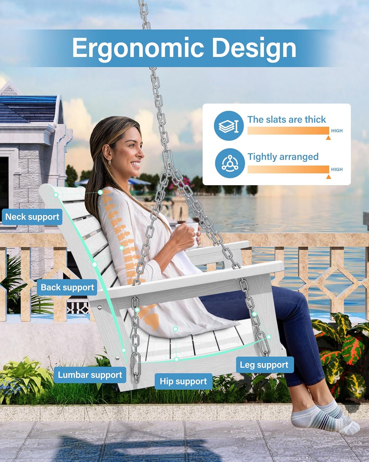 YEFU Hanging Porch Swing Set of 2,2-Seat Patio Swing Bench,All-Weather Swing Chair with Hanging Chains,Look Like Real Wood,for Garden and Courtyard,800LBS Weight Capacity,4FT,White