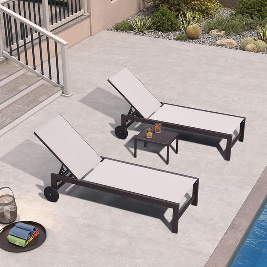 PURPLE LEAF Outdoor Chaise Lounge Chair Set of 3, Pool Lounge Chair for Outside, Aluminum Patio Chaise Lounger with Adjustable Backrest and Wheels for Deck, Outside, Lawn, Garden, Linen