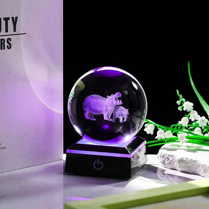 Qianwei Hippopotamus Gifts for Women 3D Crystal Ball 3.14'' - Laser Hippopotamus Decor Glass Animals Hippo Gifts Figurines Statue Stuff for Room Decorations Hippo Night Light