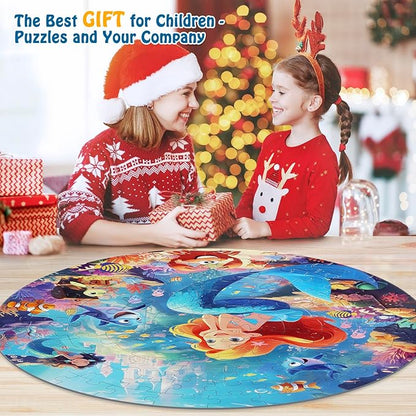 Floor Puzzles for Kids Ages 3-5, 70 Pieces Mermaid Jigsaw Puzzle for Toddler Girls Ages 3 4 5 6 7 8 Year Old, Large Round Underwater Princess Puzzle Educational Learning Toys Birthday Gift