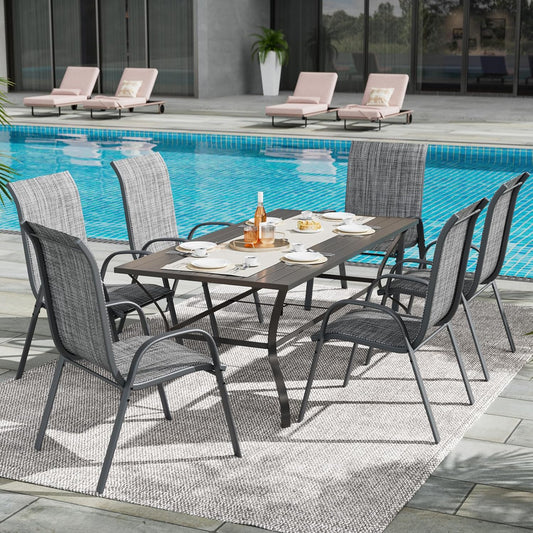 UDPATIO Patio Dining Set of 7, Outdoor Table and Chairs Set with Square Metal Table, 6 Stackable Patio Chairs with High Back, Outdoor Furniture for Deck Garden Backyard Lawn Poolside (Dark Grey)