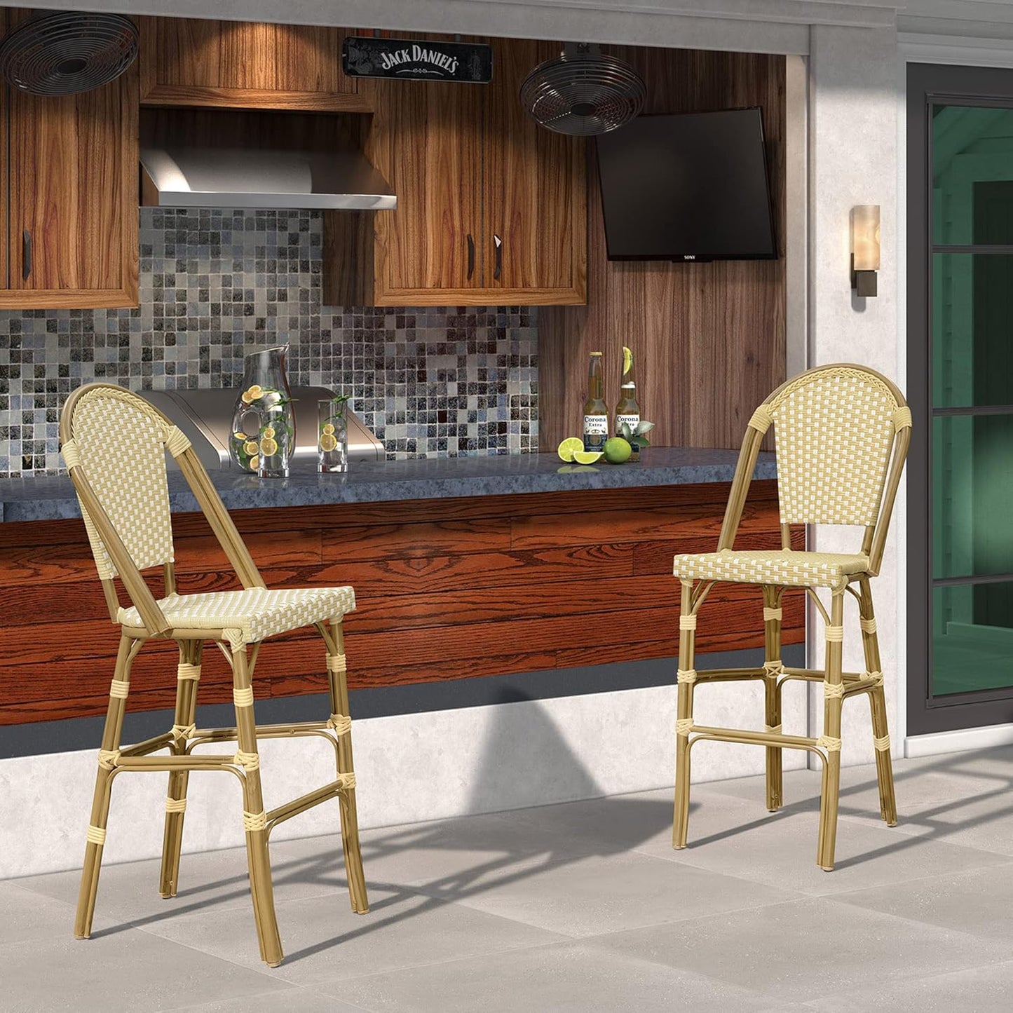 PURPLE LEAF French Bar Stool Set of 4 Bamboo Print Finish Patio Bar Stools with Back Rattan Bar Chairs Wicker Bar Height Stool 30" with Footrest Kitchen Island Stools Outdoor Barstool Cream Yellow