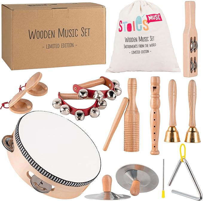 Stoie's Wooden Kids Musical Instruments for 3-9 Years Old, with Drum, Flute, Hand Bells, Cymbals, Castanets, Triangle, for Babies and Toddlers, Durable, Safe, Montessori Educational Toy, Storage Bag