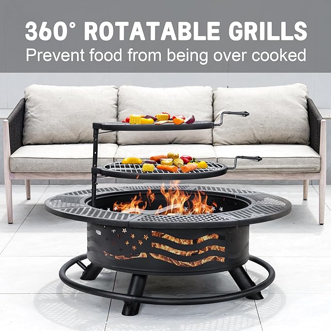42 Inch Fire Pit with 2 Cooking Grates, Outdoor Wood Burning BBQ Grill Firepit Bowl with Cover Lid, Steel Round Table for Backyard Bonfire Patio Picnic (Black, 42)