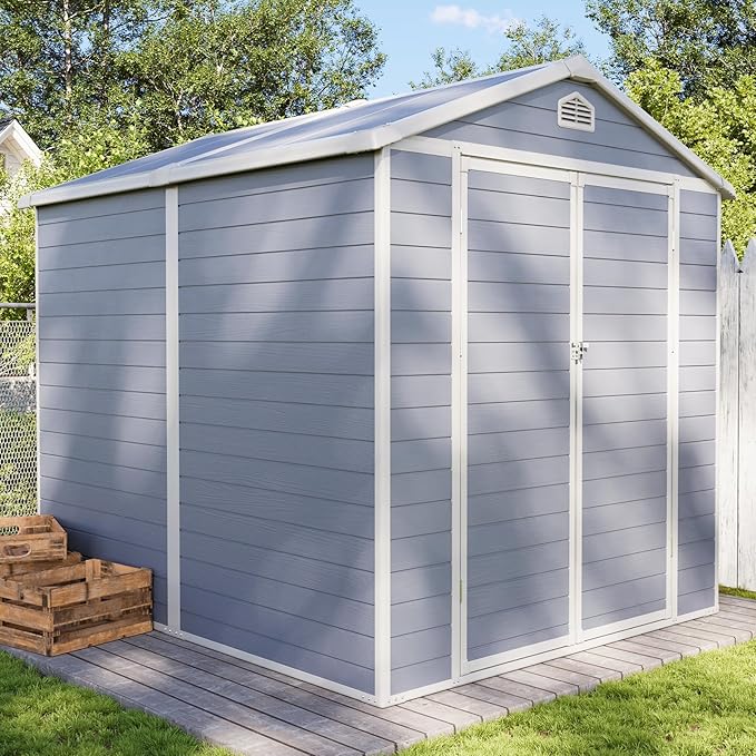 Aoxun 8 X 6.2 FT Resin Storage Shed Outdoor Plastic Large Garden Shed with Lockable Door, Floor for Backyard, Garden, Patio, Lawn, Grey (Grey, 8' x 6.2')