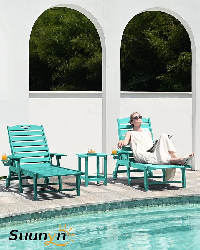 Lounge Chair Outdoor, Chaise Lounge, HDPE 6-Position Outdoor Chaise Lounge, Patio Lounge Chair with Wheels & Cup Holder for Pool Poolside Deck Backyard, Lake Blue