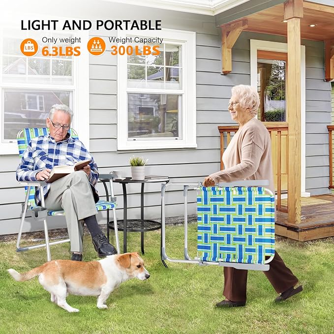 VINGLI Folding Aluminum Webbed Oversized Lawn Chairs with Detachable Cup Holder, 300LBS High Beach Chair for Adults Heavy Duty, Portable Patio Chair for Yard, Garden, 2 Pack,Blue/Green