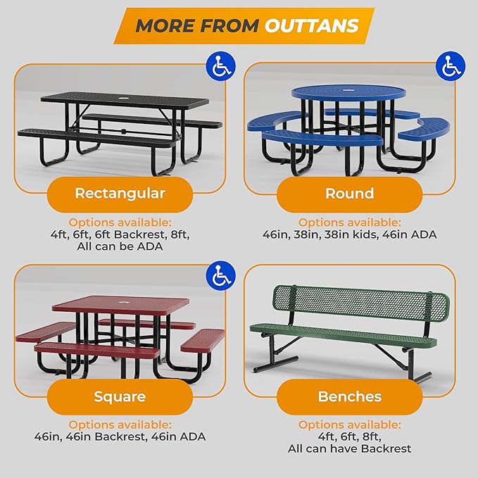 Metal Picnic Tables for Outdoors with Umbrella Hole - Coated Steel Heavy Duty Commercial Grade Table with Adjustable Seats (Green, 46 in, Square, Expanded Steel)