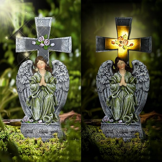 Yiosax-Solar Angels for Cemetery-Garden Statue Lights Decor - Before The Cross on One Knee Wings Praying Angel Figurine Bless You Cemetery Patio Lawn Yard Porch Decorations