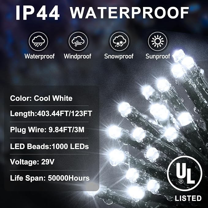 KNONEW 403FT 1000 LED Christmas Lights Outdoor String Light 8 Modes & Timer Fairy Lighting Plug in Waterproof for Xmas Yard Tree Wedding Party Holiday Decorations (Cool White)