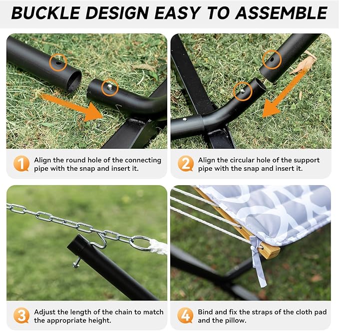 2 Person Outdoor Hammock with Stand, Cotton Rope Hammock with Polyester Pad, Adjustable Steel Frame, Portable with Carrying Bag – for Patio, Backyard, Garden, Beach, White-Gray