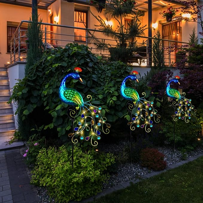 DREAMSOUL Metal Peacock Garden Solar Lights Outdoor Decorative Garden Stake Lights- Waterproof Peacock Solar Landscape LED Path Light Patio Yard Lawn Outside Decoration