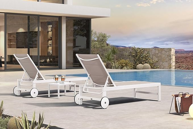 PURPLE LEAF Outdoor Chaise Lounge Staight Legs Adjustable Sunbathing Recliner with Side Table Khaki 2 Sets